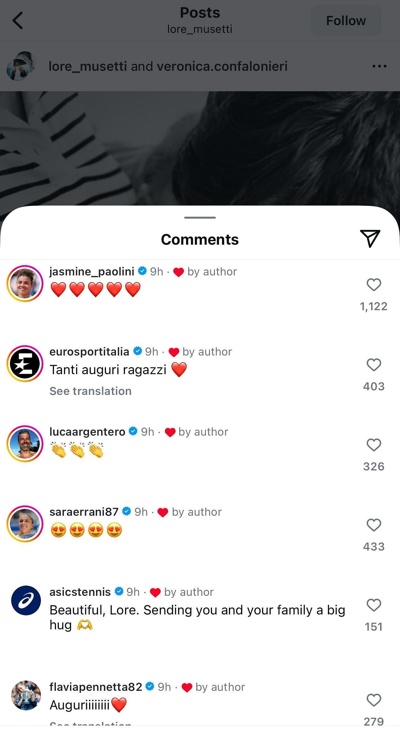 Jasmine Paolini and others' reactions to Musetti's girlfriend Veronica's second pregnancy (Source: Instagram/lore_musetti)
